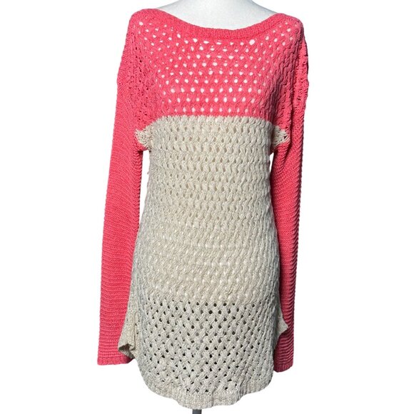 NEW Fever Crochet Knit Pull Over Longline Tunic Top Sweater Womens L Pink Beige - Picture 2 of 12